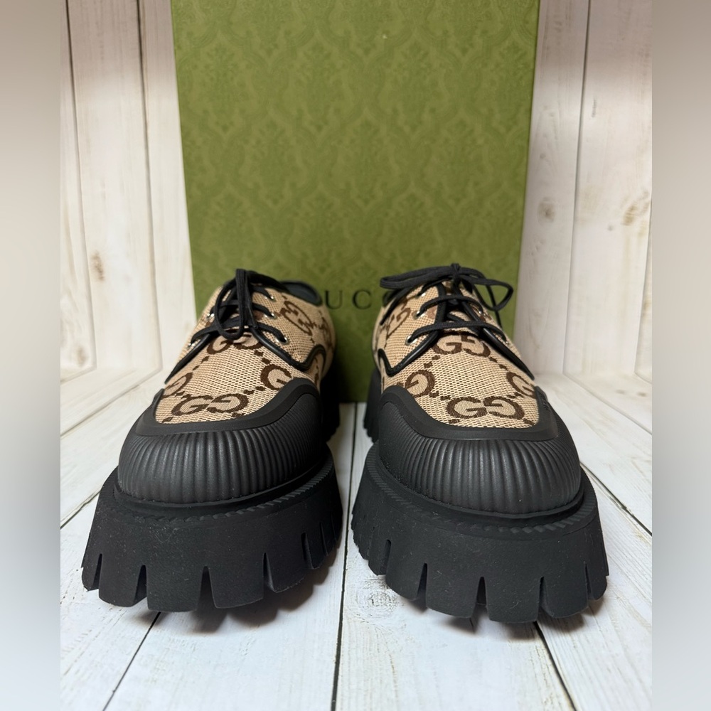Gucci Monogram Jumbo Maxi GG Lace Up Derby Camel Ebony Black Sz 11G / 12US - Picture 4 of 12